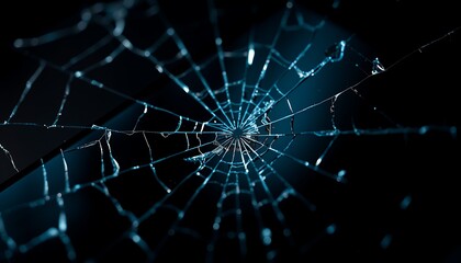 Obraz premium Close-up of a shattered screen, highlighting the intricate web of cracks. The dark background emphasizes the broken glass, creating an abstract and textured image.