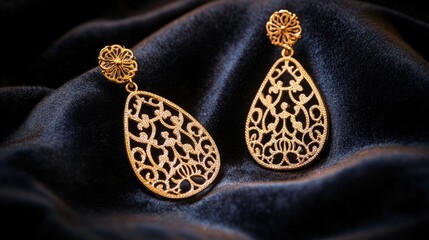 Elegant gold earrings with intricate filigree design placed on a luxurious dark velvet background for a stunning jewelry showcase or fashion presentation