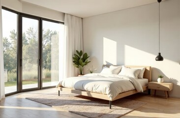 A stylish minimalist bedroom with a platform bed, discreet bedding and light color scheme.