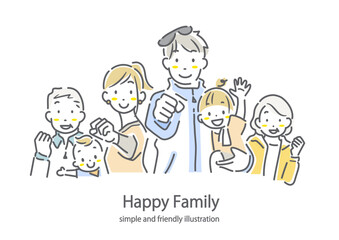 運動をして健康を維持する三世代ファミリー　シンプルでお洒落な線画イラスト