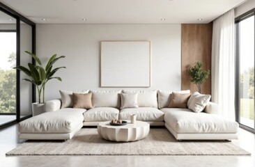 Contemporary living room with low profile sectional, minimalist coffee table and fine art. Scandinavian style