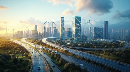 Fototapeta premium A mix of urban architecture and wind turbines blending with bridges and highways, emphasizing the seamless integration of innovation and clean energy.