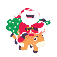 Cheerful Santa Claus riding a reindeer with a big gift bag, cartoon Christmas illustration.