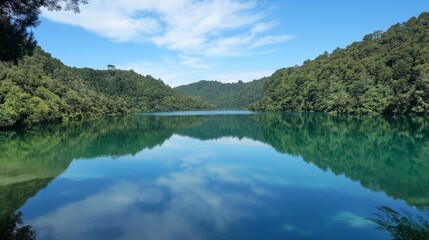 Fototapeta premium Serene lake reflecting blue sky and lush green hills.