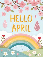 Hello April, welcome April typography. Cozy spring illustration for greetings card, poster, calendar name, or month name