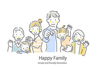 笑顔の三世代家族　シンプルでお洒落な線画イラスト