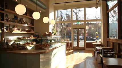 Fototapeta premium Sunlit bakery interior with pastries, display case, and seating area.