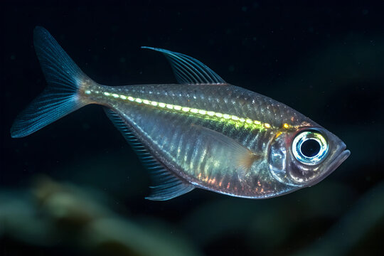 A tiny hatchetfish with metallic silver scales and glowing sides, blending into the blackness of the abyss
