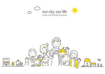 笑顔の三世代ファミリーフレーム　シンプルでお洒落な線画イラスト