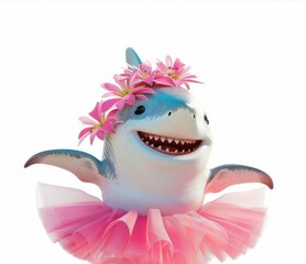 Naklejka premium Cute funny shark performing a dance in a pink ballerina tutu with floral accessories