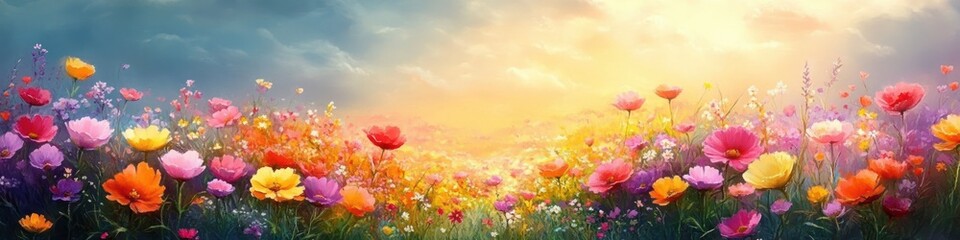 Colorful Spring Flower Meadow Illustration in Watercolor Style