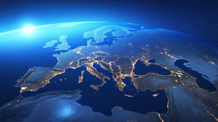 Map of Europe continent with glowing yellow and orange lights, symbolizing bustling city activity at night, set against Earth's blue surface in the background.

