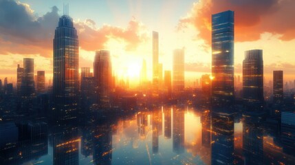 Obraz premium Futuristic Cityscape at Sunrise with Modern Skyscrapers and Reflections in a Smart Financial District