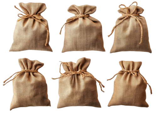 six empty burlap sacks tied with twine. isolated on a transparent background they are arranged in two rows of three. with the top row slightly offset from the bottom row the sacks are all the same siz