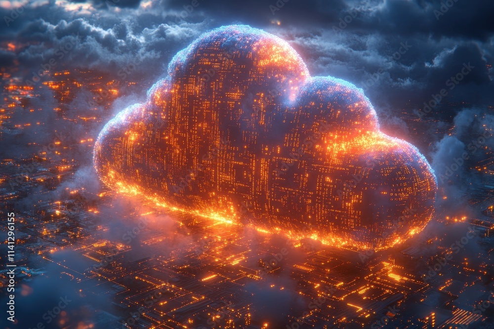 Leinwandbilder Futuristic Cloud Computing with Glowing Binary Code on Circuit Board Background