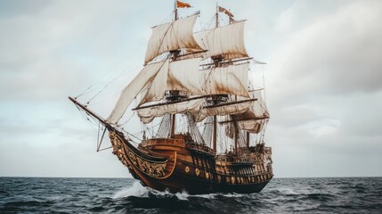 Majestic antique sailing ship at sea under cloudy skies.