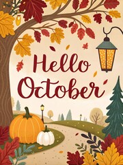 Hello October, welcome October typography. Cozy illustration for greetings card, poster, calendar name, or month name