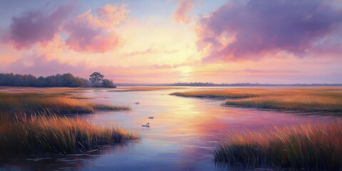 Watercolor Marshland Painting with Mist at Dawn in Vibrant Colors and Detailed Grasses