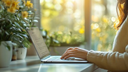 Freelancer Working on Laptop with Blog Content in Modern Workspace Soft Lighting Minimalist Style