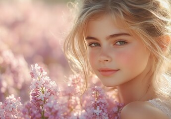 Fototapeta premium Father and Daughter Bonding in Blooming Lilac Garden Carrying Her on Shoulders Spring Fun Together