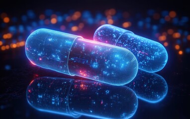 Futuristic Digital Glowing Capsules in Blue Technology Wireframe Design