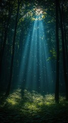 Obraz premium Sunlight beams filtering through trees in a serene forest setting.