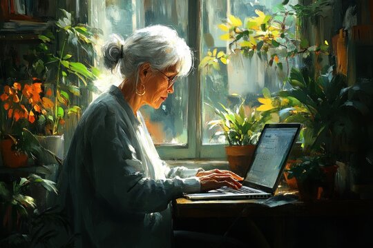 Elderly Woman Confused by Online Scam Email Requesting Money and Personal Information in Cozy Living Room Scene