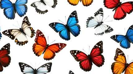 A variety of elegant butterflies, vividly painted with bold colors like sapphire blue, fiery red, and sunny yellow, delicate wing patterns, seamless cut-out style on pure white background, hyper-detai