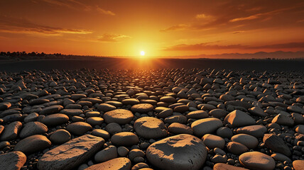 Obraz premium Sunset on the Rocks: Golden Light Bathes the Coastline as the Sun Dips Below the Horizon.