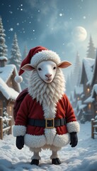 A sheep dressed as Santa Claus stands in a snowy Christmas village, ready to spread holiday cheer.