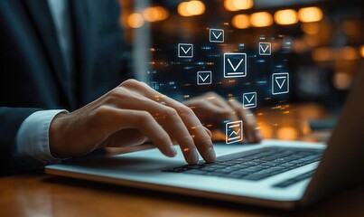 Businessman using laptop to check checklist items and mark options in a modern office