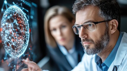 Futuristic digital data visualization and analysis concept with interconnected molecular hologram projection  Advanced scientific research innovation and technology development metaphor