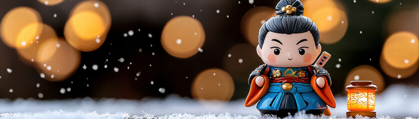 A stylized figure in traditional attire stands amidst falling snow, with glowing lanterns and a bokeh background, evoking a whimsical, festive atmosphere.