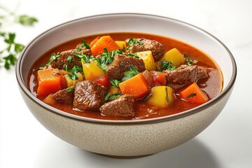 beef vegetable stew in modern minimalist bowl on white background with rich colors and even lighting