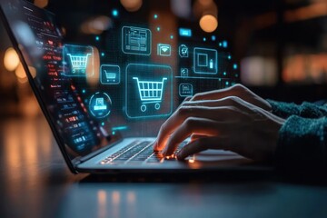 Futuristic Digital Shopping Experience with Holographic Payment and Ecommerce Technology