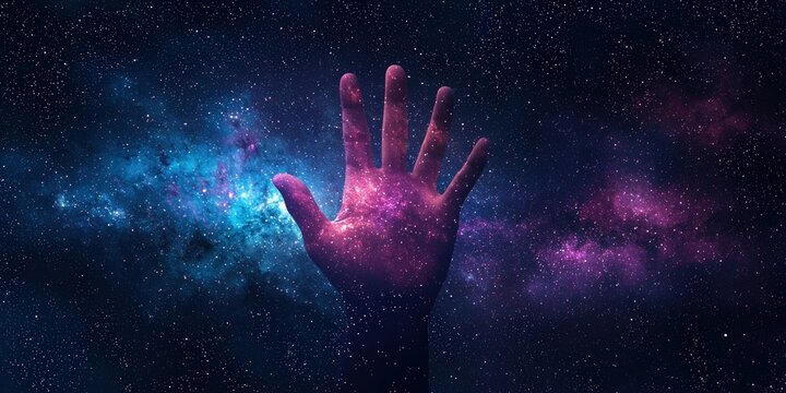 galactic center energy concept. A cosmic hand reaches out through a colorful galaxy filled with stars, blending cosmic elements and human touch in an ethereal scene.