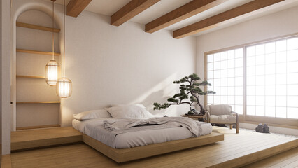 A serene bedroom featuring a minimalist design with wooden beams, a low bed, natural decor, and large windows allowing ample light. 3D rendering