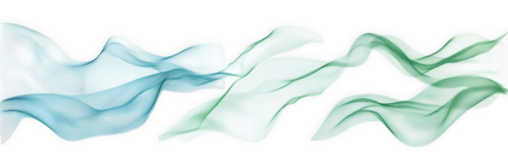 abstract of three flowing. translucent ribbons in shades of blue and green on a transparent background the ribbons are smooth and silky. with a slight shimmer