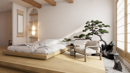 A minimalist bedroom with a wooden platform bed, a cozy chair, and a decorative bonsai tree, creating a calm and serene atmosphere. 3D rendering