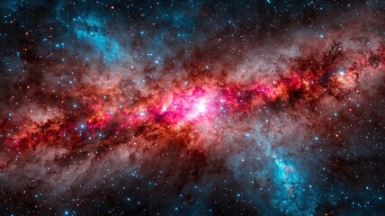 Obraz premium galactic center energy concept. A stunning cosmic scene featuring vibrant colors of pink, blue, and red, depicting a galaxy filled with stars and interstellar clouds.