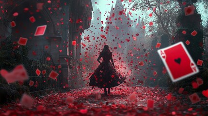 Surreal Dream: Woman in Red Dress Amidst Falling Cards
