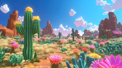 Vibrant desert landscape with blooming cacti and colorful flowers under a sunny sky.