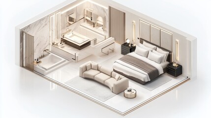 A clean and modern 3D isometric design of a luxury hotel suite, isolated on white. The layout features a living space with a plush sofa, a spacious bedroom with a king-sized bed, and an en-suite 