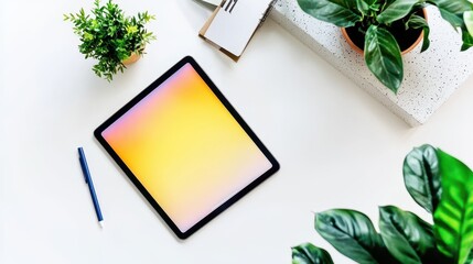 A clean and organized workspace with a tablet and stylus on a white isolated background, featuring a glowing screen, a minimal desk setup, and potted greenery, reflecting a creative, tech-forward 