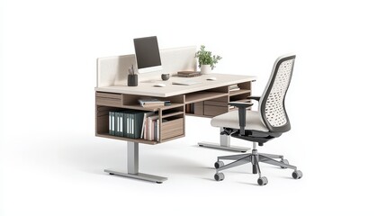 A clean and sleek 3D isometric home office interior, isolated on a white background, featuring a contemporary desk with hidden storage, a comfortable ergonomic chair, and built-in shelving for 