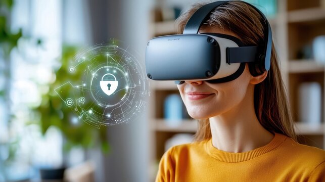 Young woman wearing virtual reality VR headset experiencing immersive digital technology and interacting with a futuristic cybersecurity shield icon in a simulated environment - Powered by Adobe
