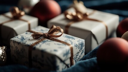 This image showcases beautifully wrapped gifts with intricate designs, perfect for festive occasions.