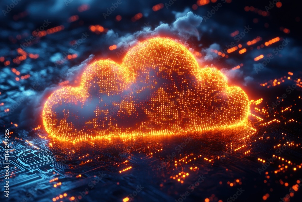 Aufkleber Futuristic Digital Cloud with Glowing Binary Code on a Dark Circuit Board Background in Cyberpunk Style