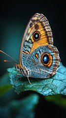 A vibrant butterfly perched on a green leaf, showcasing intricate patterns and colors.