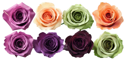 eight roses in various colors and shades arranged in two rows of four the colors are pink. purple. green. and orange
